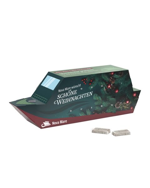 3D Adventskalender Schiff Schokoladentäfelchen mit kompostierbarem Inlay und Werbedruck