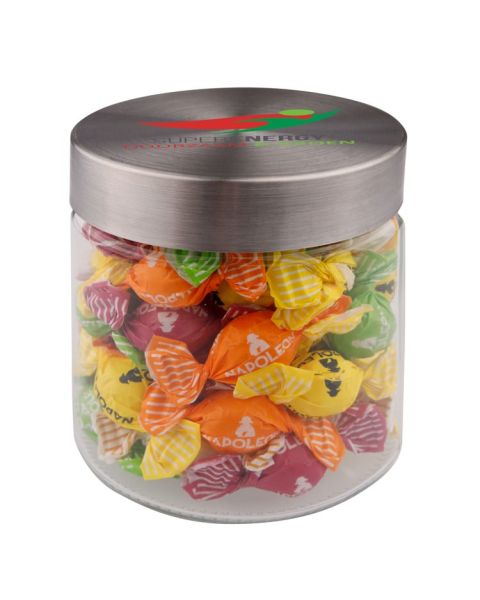 0.9 l glass jar filled with Napoleon fruit mix and promotional print