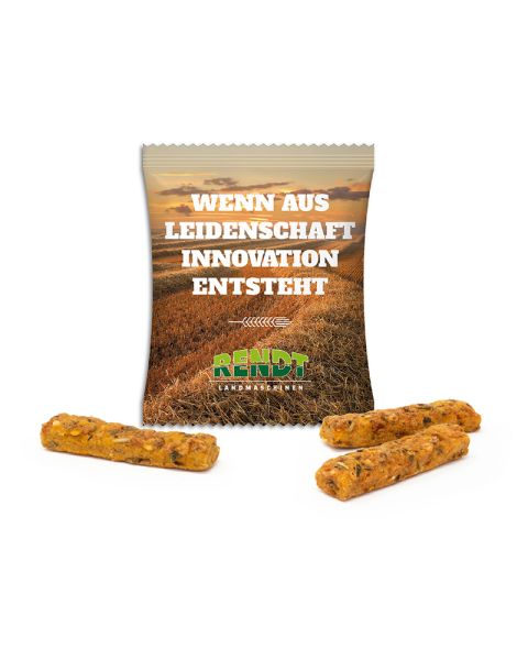 Rustinis wholemeal sticks with tomato & Emmental cheese in promotional bags with customised printing