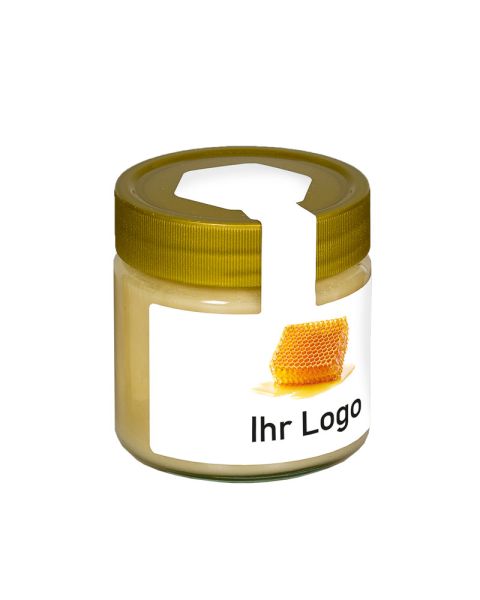 250 g rapeseed honey in a jar with wing label and advertising print