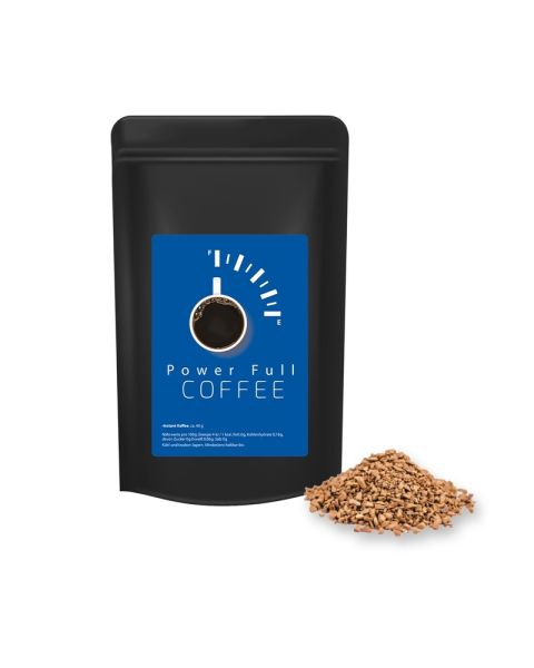 Organic instant coffee in a black midi stand-up pouch with promotional label