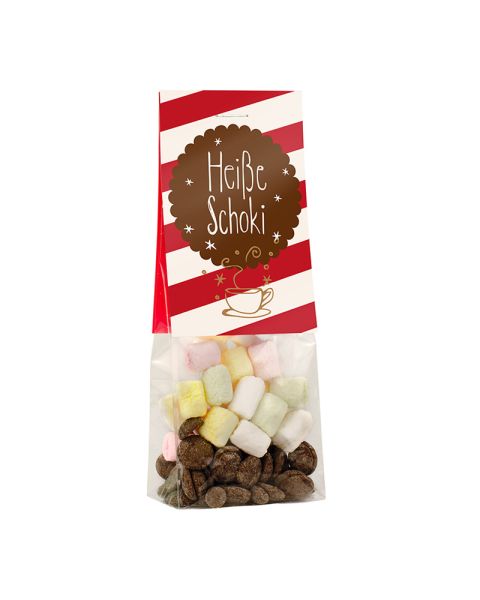 Drinking chocolate in a stand-up pouch with advertising header