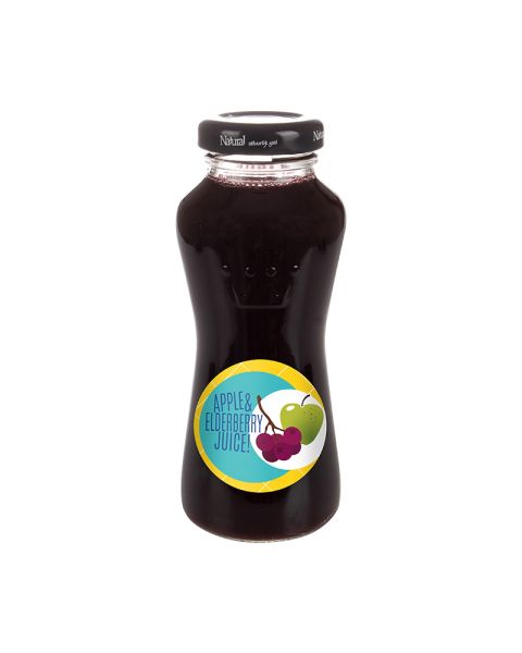 200 ml apple and elderberry juice in glass bottle with promotional label