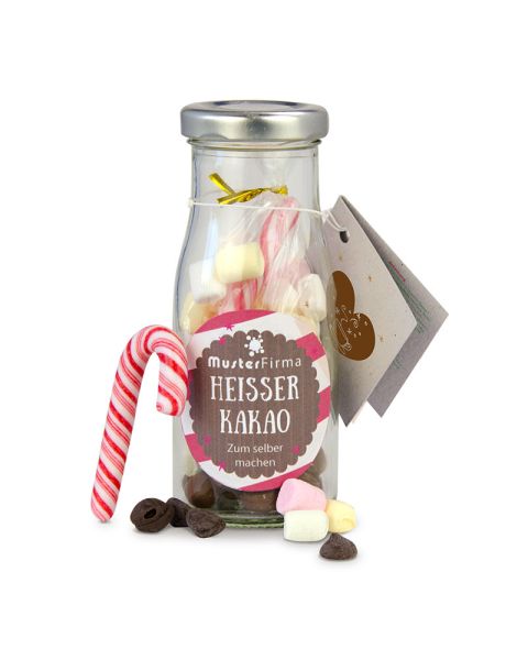 Do-it-yourself bottle of hot cocoa with promotional label and tag