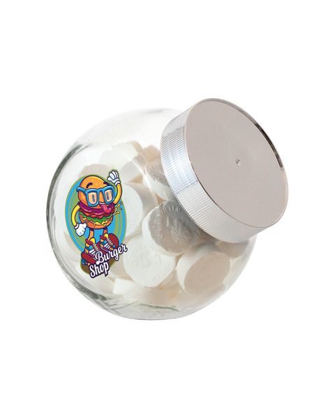 0.4 litre Slanted Jar filled with Wilhelmine peppermint and with promotional label