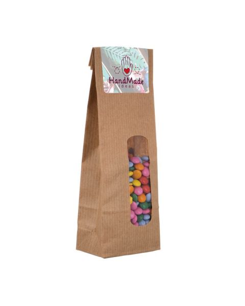 Mini chocolate beans in kraft paper bag with promotional label
