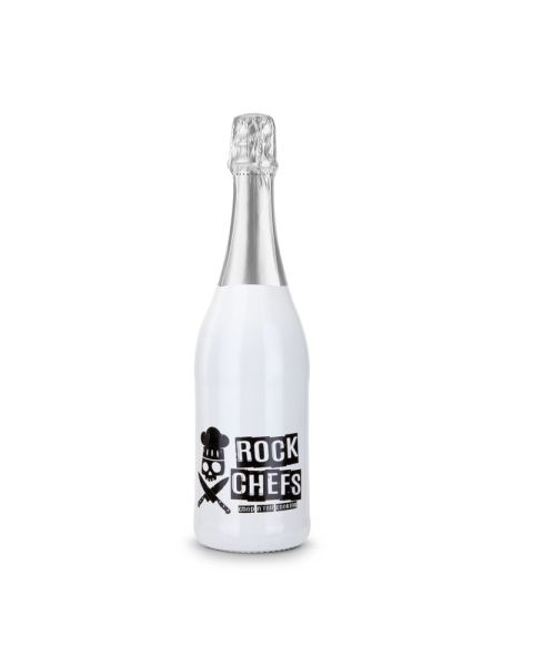 0.75 l sparkling wine cuvée in white bottle with promotional print
