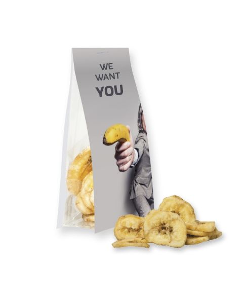 25 g Express organic banana chips in stand-up pouches with promotional tag