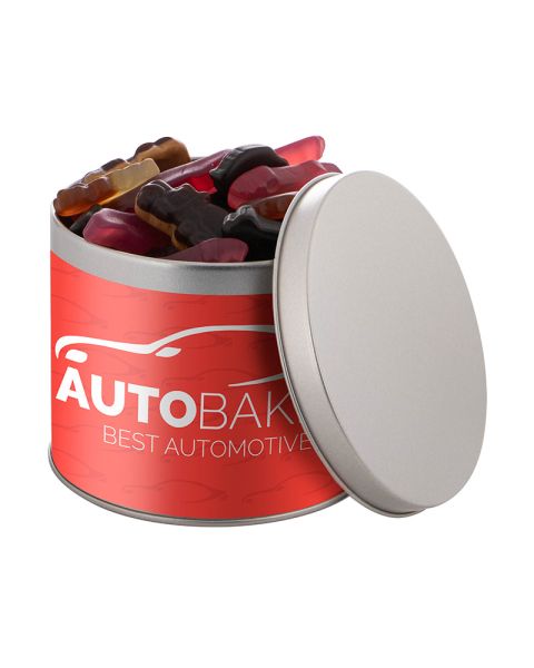 0.6 l silver metal tin filled with car-shaped liquorice and with a sleeve
