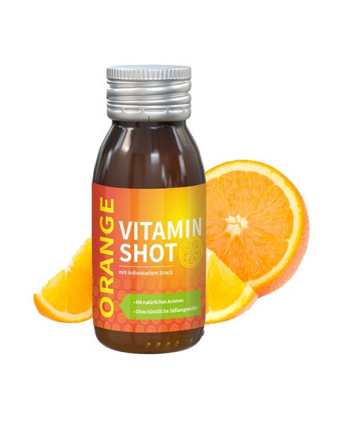 60 ml orange vitamin shot in glass bottles with promotional label