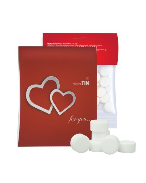 Express organic peppermint drops in a bag with promotional label and logo print