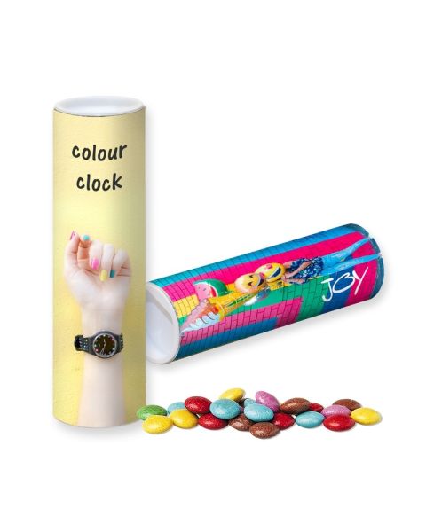 35 g colourful chocolate beans in a cardboard tube with promotional sleeve