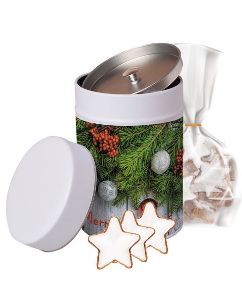 Cinnamon stars in promotional biscuit tin with promotional label