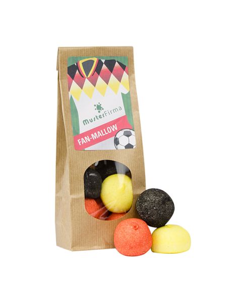 Stand-up bag of marshmallows in national colours with advertising label
