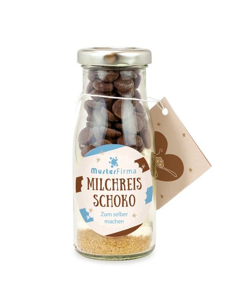 DIY bottle of chocolate rice pudding with promotional label and tag