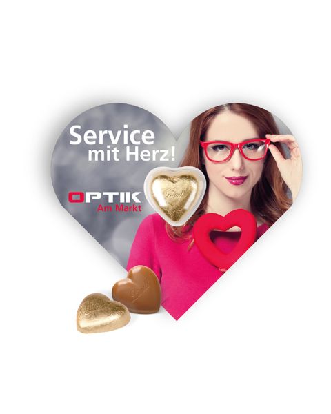 Lindt Herz auf Schokokarte in Herzform mit Werbebedruckung