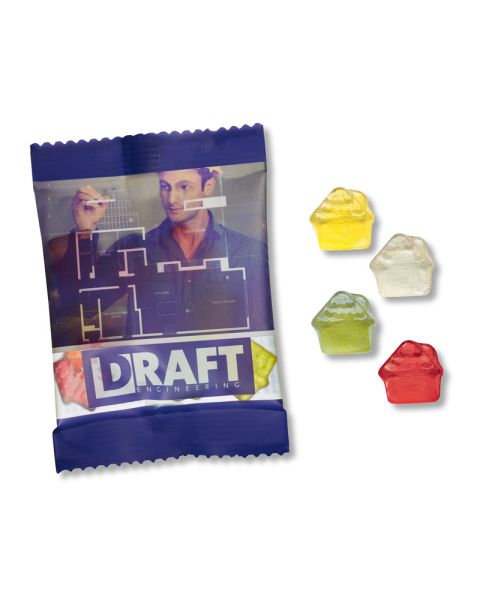 10 g fruit gums in standard shapes in promotional flow packs