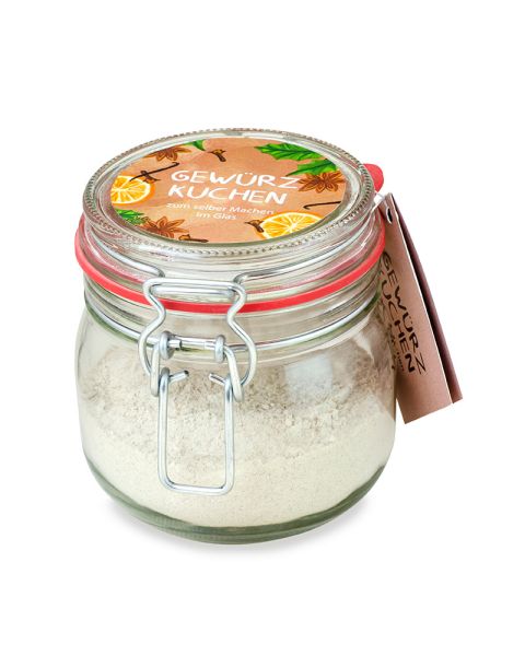 200 g spice cake mix in a swing-top jar with promotional label