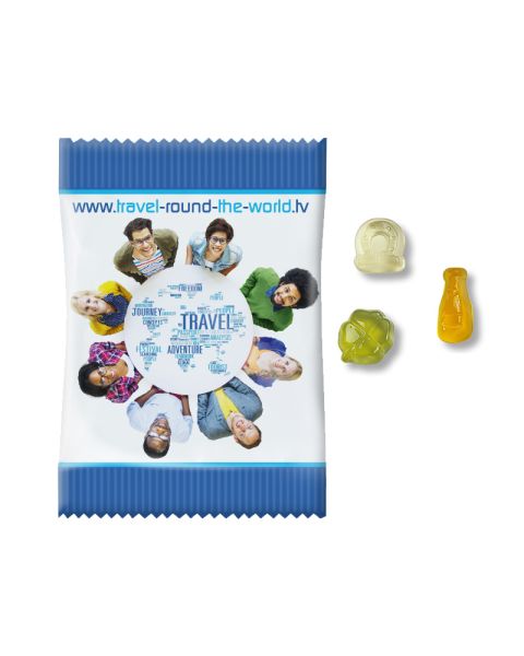 10 g fruit gums in New Year's Eve shapes in promotional flow packs