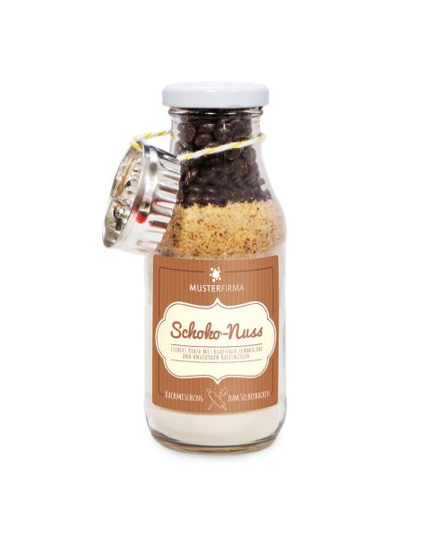 220 g chocolate and nut cookie mix in a bottle with cookie cutter and promotional label