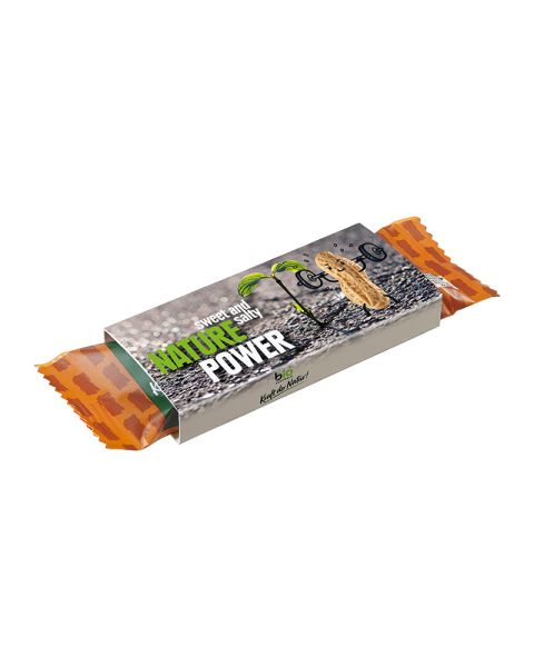 40 g organic PEANUT Salty Caramel muesli bars in promotional sleeve with logo print