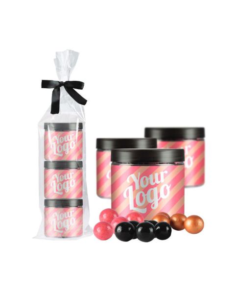 Set of 3 chocolate balls with liquorice centres in tins with promotional sleeve