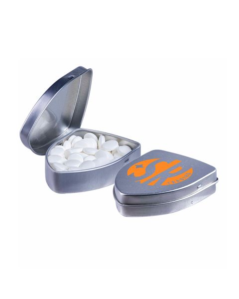 Sign-shaped tin with peppermint pastilles and logo print