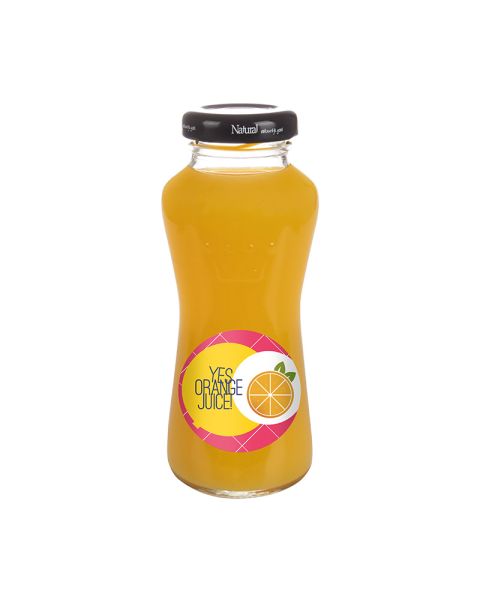 200 ml orange juice in glass bottle with promotional label
