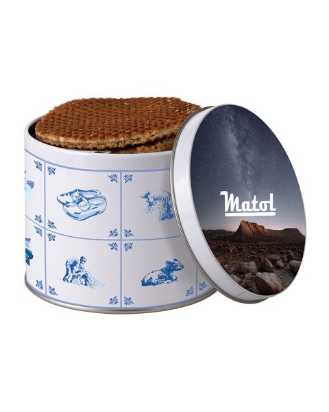 8 syrup waffles in a metal tin with printable lid