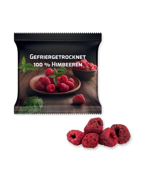 15 g organic freeze-dried raspberries in a promotional bag with promotional print