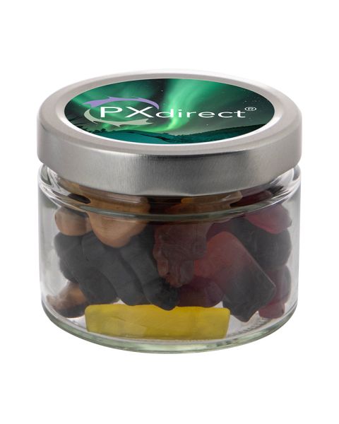 0.22 litre glass jar filled with car-shaped liquorice and advertising label