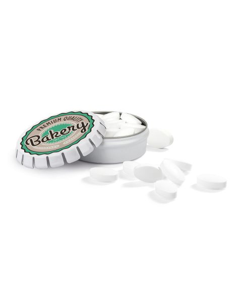 Spring lid tin with peppermint pastilles and logo print