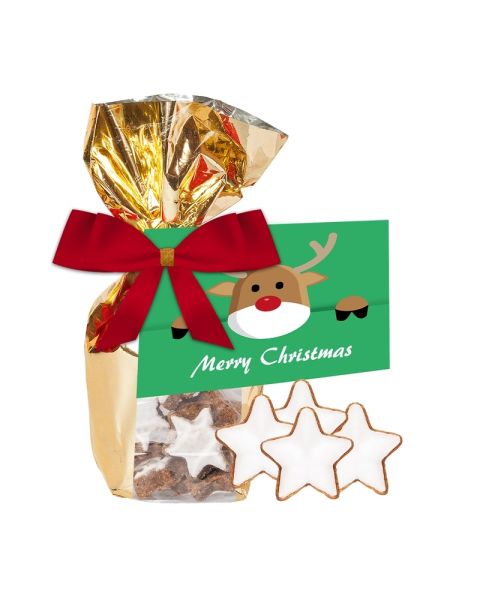 Cinnamon stars in gold foil with customised advertising card