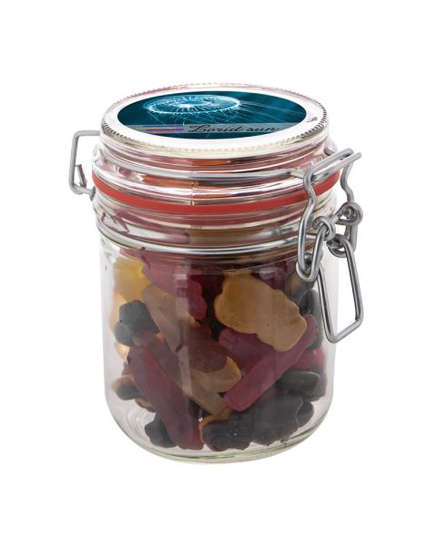 0.4 l Weck jar filled with car-shaped liquorice and advertising label