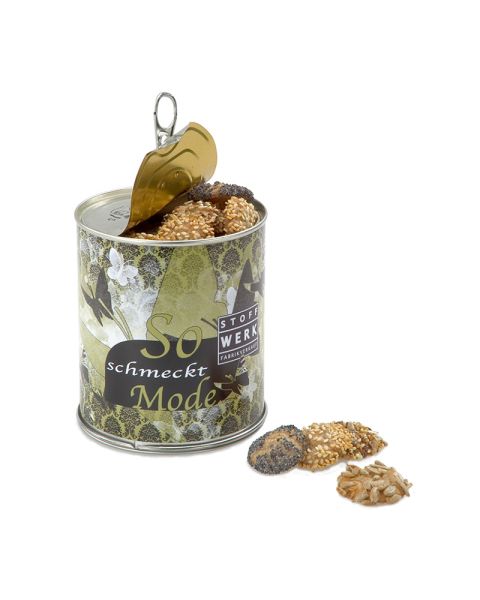 Brot-Chips in Metalldose mit Banderole und Logodruck