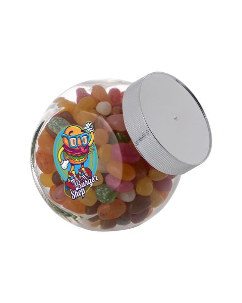 0.4 litre Slanted Jar filled with jelly beans and with promotional label