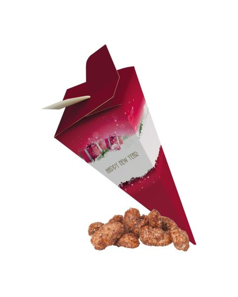 30 g organic fire-roasted almonds in logo pyramid with promotional print