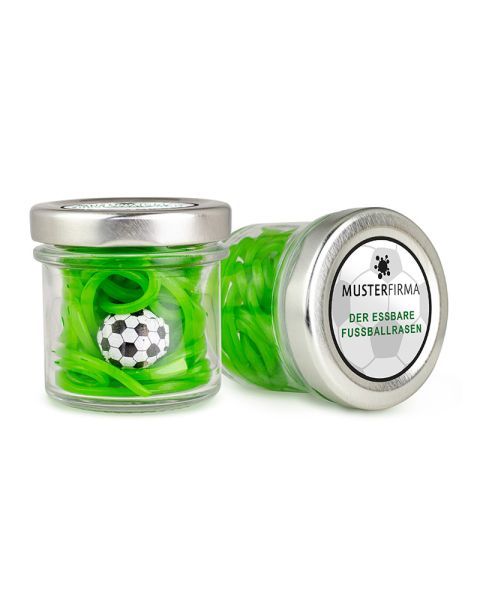 Fußballrasen im mini Weithalsglas mit Werbeetikett