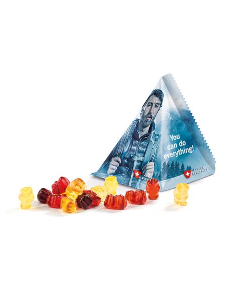 15 g tetrahedron fruit gums, fruit juice quality with logo print
