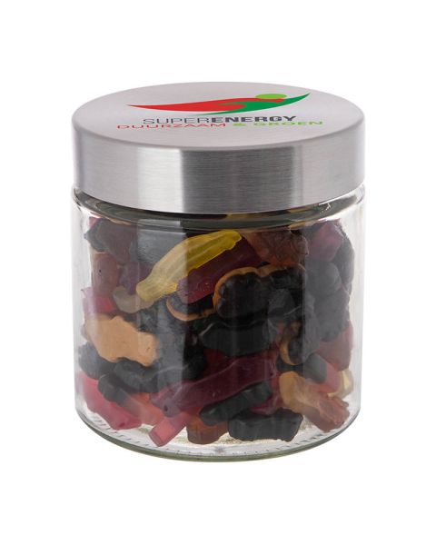 0.9 litre glass jar filled with car-shaped liquorice and advertising print