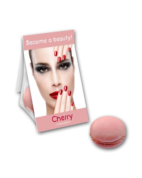 10 g Macaron im transparenten Promobag mit Werbereiter
