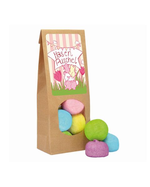 80 g surprise bag with bunny pom-poms and advertising tab