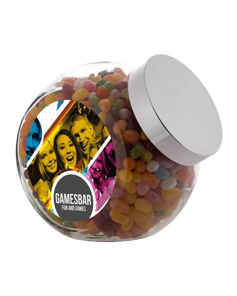 2 litre Slanted Jar filled with jelly beans and advertising label