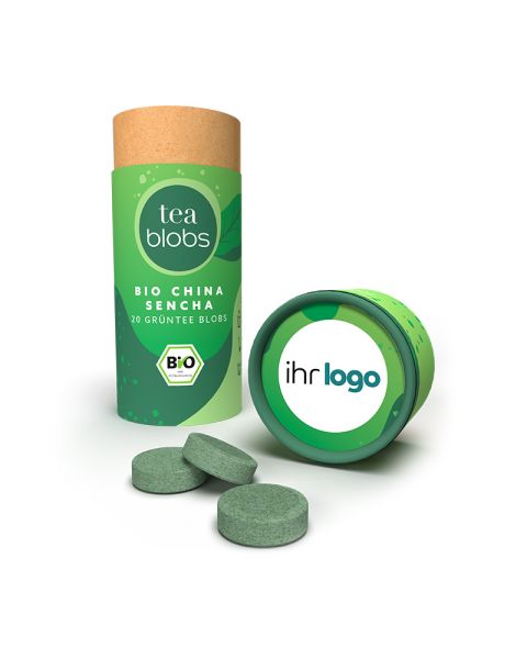 Bio China Sencha TeaBlobs in Eco Pappdose mit Werbeanbringung