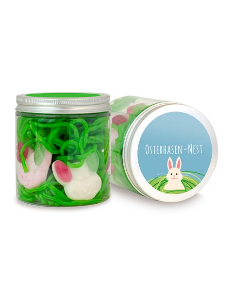 Osterhasen-Nest in transparenter Dose mit Werbeetikett