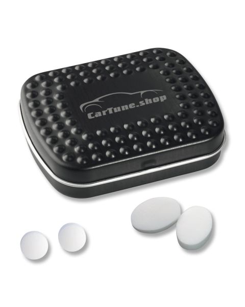 Peppermint pastilles Techno tin with embossing and logo print
