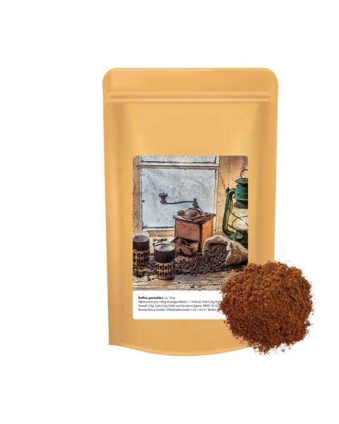 70 g ground coffee in a Doypack with promotional label