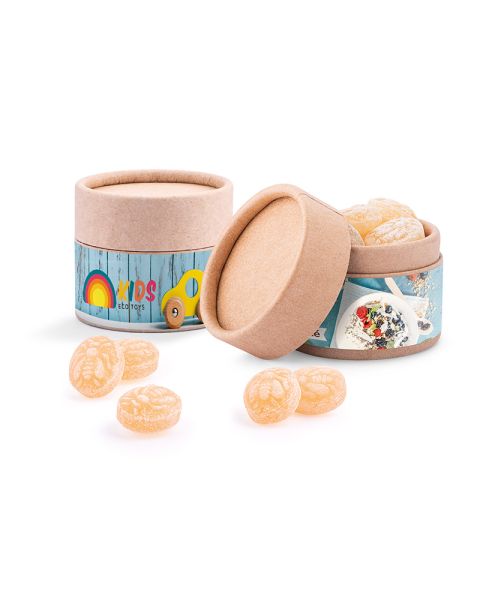 Mini paper tin of honey bee sweets with paper label and logo print