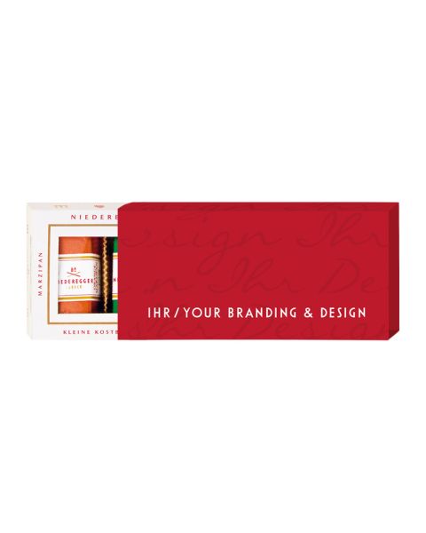 50 g Niederegger Marzipan Klassiker Variationen mit Werbeeinleger und Werbeschuber