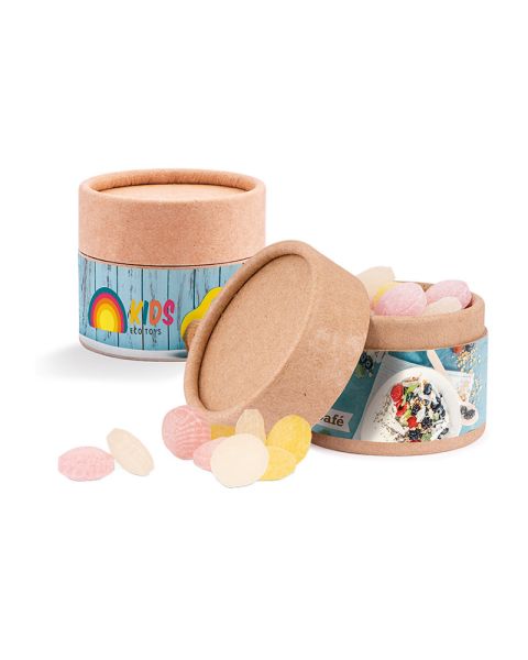 Mini paper tin fruit mix sweets with paper label and logo print